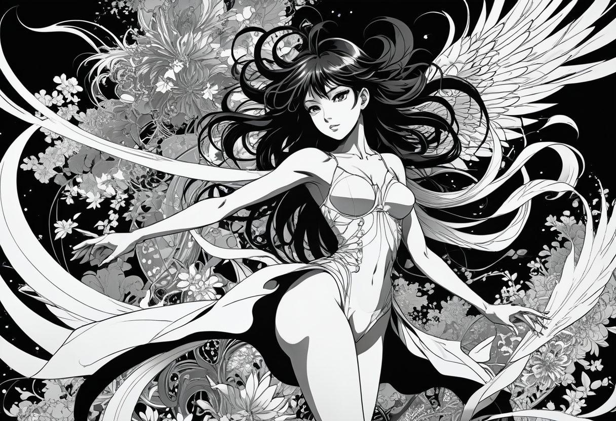 A visually captivating blend of manga characters transitioning into dynamic motion scenes, featuring sensual and artistic elements. Emphasize the contrast between intricate black-and-white manga illustrations and vibrant colors of animated adult comic panels. Include playful, flirtatious expressions and a backdrop that suggests a journey through different art styles. Create a surreal atmosphere that reflects the theme of eroticism in art. vibrant colors. surrealism. dynamic composition.