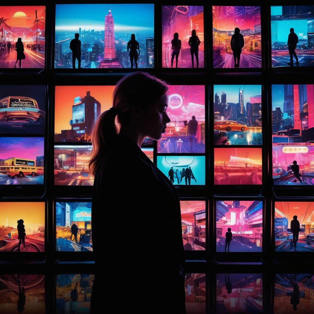 A captivating collage depicting various themes in adult entertainment: interconnected screens showcasing diverse fantasies, subtle silhouettes of different personas, a vibrant city nightlife in the background, and an abstract representation of exploration and passion. The colors should be rich and captivating, with a slightly surreal and dreamy quality to enhance the allure. vibrant colors. surrealism. high contrast.